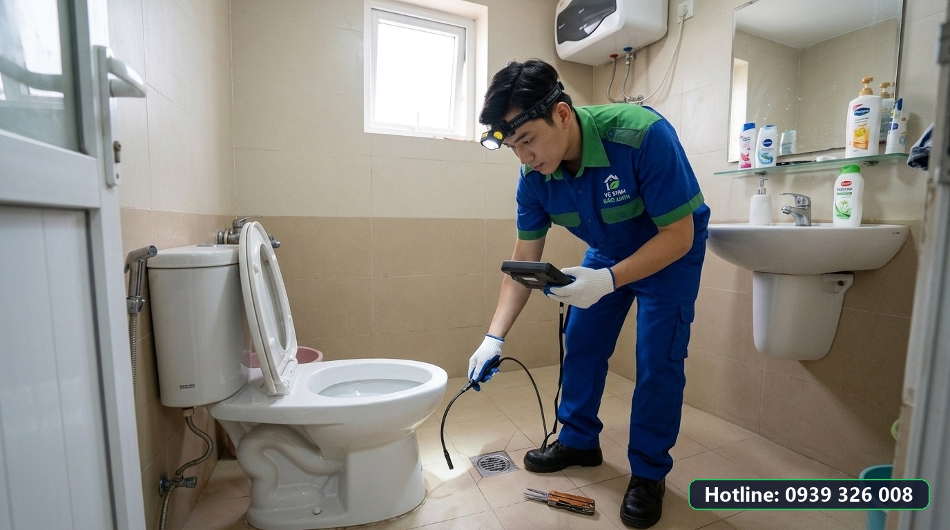 Khu vực nhà vệ sinh được kiểm tra khi hệ thống thoát nước có dấu hiệu bất thường.