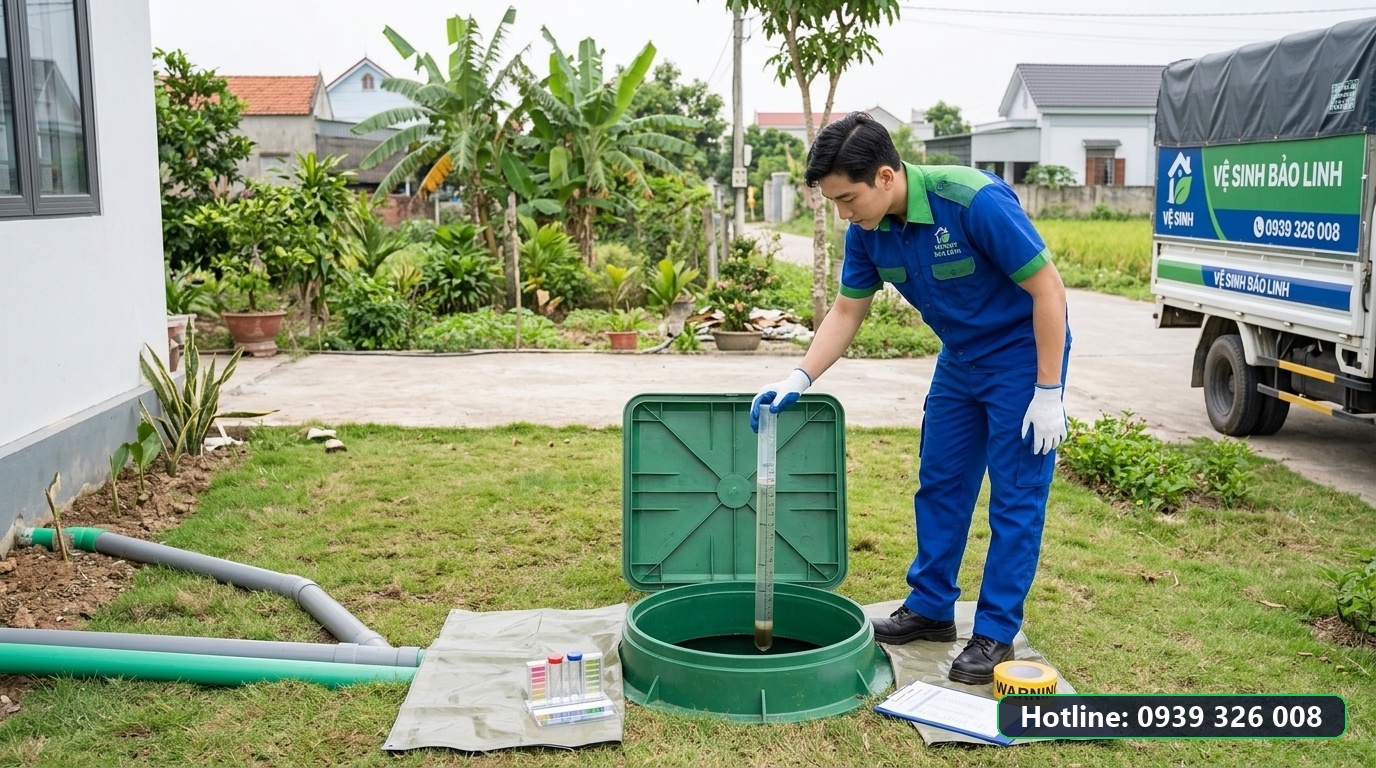 Kỹ thuật viên kiểm tra đường ống thoát nước tại công trình dân dụng Việt Nam.