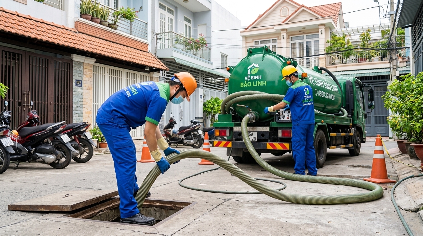 Nhân viên kỹ thuật Việt Nam vận hành thiết bị hút hầm cầu tại nhà dân